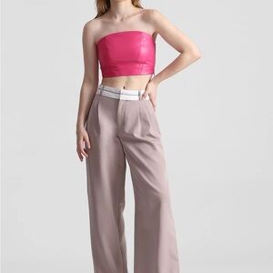 Pink Strapless Top and Tan Wide-Leg Pants Set
